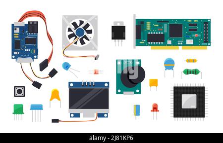 Contrôleur DIY. Composants électriques et mécaniques pour microcontrôleur et carte de circuit imprimé de maison intelligente, fils d'affichage et jeu de vecteurs de semi-conducteurs Illustration de Vecteur