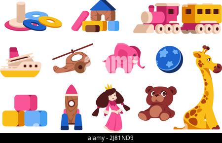 Jouets pour enfants. Bébé et tout-petit coloré différents jouets en plastique, divers animaux de transport et puzzles. Collection de jouets isolés pour nourrissons Vector Illustration de Vecteur