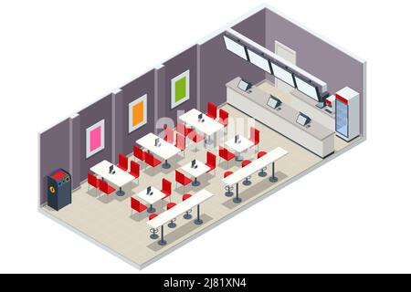 Aire de restauration rapide. Café isométrique, hamburgers, Salad and Pizza place, Cafétéria, intérieur du restaurant, Restauration, Centre commercial. Illustration de Vecteur