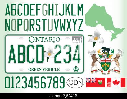 Plaque d'immatriculation pour voiture électrique verte de l'Ontario, Canada, lettres, chiffres et symboles, illustration vectorielle Illustration de Vecteur