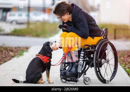 Femme en fauteuil roulant avec son chien à l'extérieur Banque D'Images