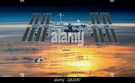 Station spatiale internationale sur la planète Terre. Éléments de cette image fournis par la NASA. 3d rendu. Banque D'Images