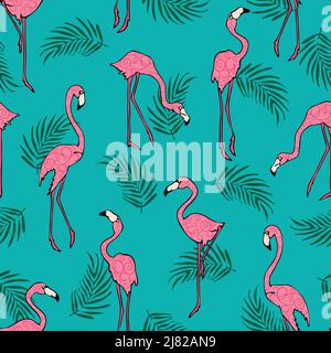 Motif vectoriel sans couture avec flamants roses sur fond bleu. Papier peint oiseau tropical simple. Textile de plage décoratif. Illustration de Vecteur