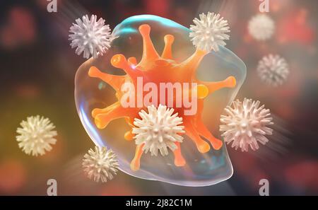 Les leucocytes attaquent le virus. Immunité du corps. 3D illustration de la recherche médicale Banque D'Images