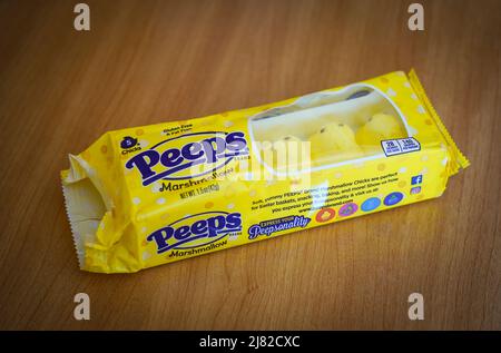 Les guimauves de peeps sont dans leur boîte. Banque D'Images