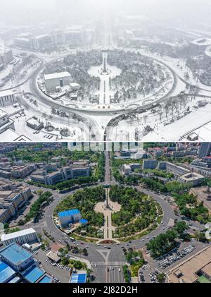 (220512) -- CHANGCHUN, 12 mai 2022 (Xinhua) -- la photo combinée montre une vue aérienne d'une place à Changchun, dans la province de Jilin, au nord-est de la Chine, le 15 mars 2022 (photo publiée par Xinhua) et le 12 mai 2022 (photo prise par Zhang Nan). La province de Jilin, dans le nord-est du pays, où plus de 60 000 cas ont été signalés au cours de la dernière éclosion, a coupé toutes les chaînes de transmission de la COVID-19 dans les collectivités d'ici avril 14. La capitale provinciale Changchun a annoncé le 1 mai qu'elle avait autorisé la COVID-19 dans toutes les zones à risque moyen et élevé. La vie dans la ville revient à la normale et la reprise de la production est accélérée Banque D'Images