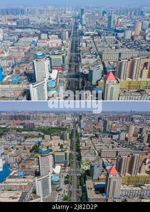 (220512) -- CHANGCHUN, 12 mai 2022 (Xinhua) -- la photo combinée montre une vue aérienne de Changchun, dans la province de Jilin, dans le nord-est de la Chine, le 24 mars 2022 (photo publiée par Xinhua) et le 12 mai 2022 (photo prise par Zhang Nan). La province de Jilin, dans le nord-est du pays, où plus de 60 000 cas ont été signalés au cours de la dernière éclosion, a coupé toutes les chaînes de transmission de la COVID-19 dans les collectivités d'ici avril 14. La capitale provinciale Changchun a annoncé le 1 mai qu'elle avait autorisé la COVID-19 dans toutes les zones à risque moyen et élevé. La vie dans la ville revient à la normale et la reprise de la production s'accélère. (Xin Banque D'Images