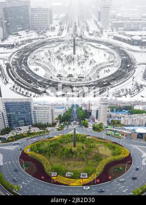 (220512) -- CHANGCHUN, 12 mai 2022 (Xinhua) -- la photo combinée montre une vue aérienne d'une place à Changchun, dans la province de Jilin, dans le nord-est de la Chine, le 15 mars 2022 (photo publiée par Xinhua) et le 11 mai 2022 (photo prise par Xu Chang). La province de Jilin, dans le nord-est du pays, où plus de 60 000 cas ont été signalés au cours de la dernière éclosion, a coupé toutes les chaînes de transmission de la COVID-19 dans les collectivités d'ici avril 14. La capitale provinciale Changchun a annoncé le 1 mai qu'elle avait autorisé la COVID-19 dans toutes les zones à risque moyen et élevé. La vie dans la ville revient à la normale et la reprise de la production est plus rapide Banque D'Images