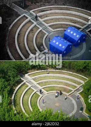 (220512) -- CHANGCHUN, 12 mai 2022 (Xinhua) -- photo combinée prise avec un drone montre un résident qui a retiré des marchandises commandées sur des plateformes en ligne le 26 mars 2022 (en haut), et les résidents qui ont du temps libre le 11 mai 2022 dans une zone résidentielle de Changchun, dans la province de Jilin, dans le nord-est de la Chine. La province de Jilin, dans le nord-est du pays, où plus de 60 000 cas ont été signalés au cours de la dernière éclosion, a coupé toutes les chaînes de transmission de la COVID-19 dans les collectivités d'ici avril 14. La capitale provinciale Changchun a annoncé le 1 mai qu'elle avait autorisé la COVID-19 dans toutes les zones à risque moyen et élevé. La vie dans la ville est Banque D'Images