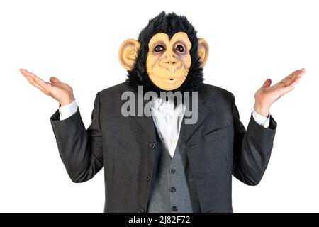 Monkey man faisant le geste de doute. Incertain d'une décision Banque D'Images