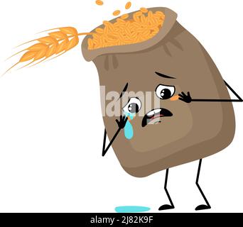 Mignon sac de blé et d'oreille caractère avec pleurs et larmes émotion, visage triste, yeux dépressifs, bras et jambes. Récolte de céréales avec mélancolie expression faciale et pose. Illustration vectorielle plate Illustration de Vecteur