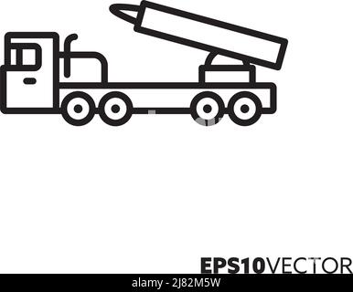 Icône de ligne vectorielle de chariot de lanceur de missiles. Symbole de contour de véhicule de lancement de fusée militaire. Illustration de Vecteur