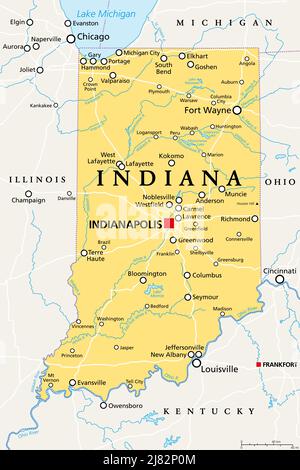 Indiana, IN, carte politique, avec la capitale Indianapolis, et les villes, rivières et lacs les plus importants. Dans la région du Midwest des États-Unis. Banque D'Images