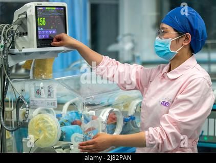 Beijing, province chinoise du Jiangsu. 12th mai 2022. Une infirmière travaille à l'unité de soins intensifs néonatals (USIN) dans un hôpital de Taizhou, dans la province de Jiangsu, dans l'est de la Chine, le 12 mai 2022. Le nombre d'infirmières autorisées en Chine a augmenté avec un taux annuel moyen de 8 pour cent au cours des 10 dernières années, atteignant 5,02 millions à la fin de 2021, a déclaré la Commission nationale de la santé mercredi, avant la Journée internationale des infirmières, qui tombe le 12 mai. Credit: Tang Dehong/Xinhua/Alamy Live News Banque D'Images