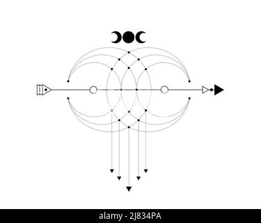 Géométrie sacrée, flèche mystique et croissant de lune, lignes pointillées dans le style boho, icône wiccan, alchimie ésotérique magique mystique céleste talisman. Esprit Illustration de Vecteur