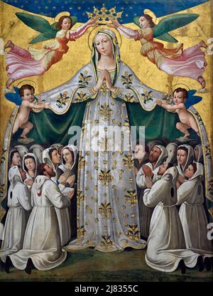 Madonna della Misericordia - olio su tela - Vincenzo Tamagni - primo quarto del XVI secolo - Montalcino (si) ,Italia,Museo Diocesano d’Arte Sacra Banque D'Images