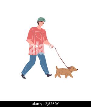 Dessin animé plat Happy Character marche avec chien sur fond vide, animal de compagnie animal de soin vecteur illustration concept Illustration de Vecteur