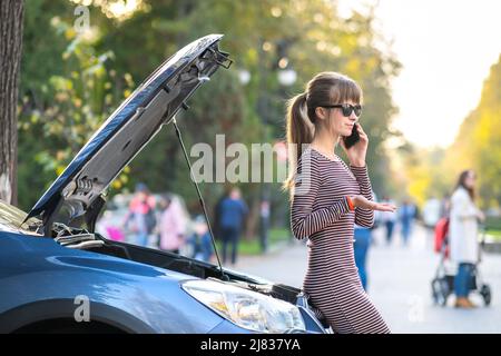 Une femme en colère qui parle au téléphone portable avec une employée du service d'assistance qui se tient près d'une voiture cassée. Banque D'Images