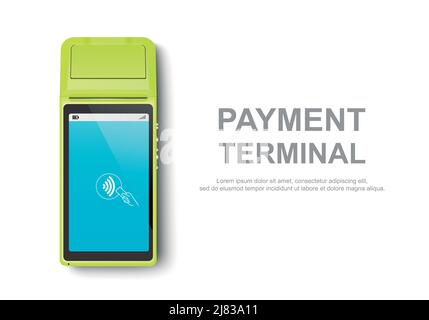 Vector Realistic Green 3D Touch NFC Mobile Payment machine. Gros plan du terminal POS isolé sur blanc. Modèle de conception de paiement bancaire sans fil Illustration de Vecteur