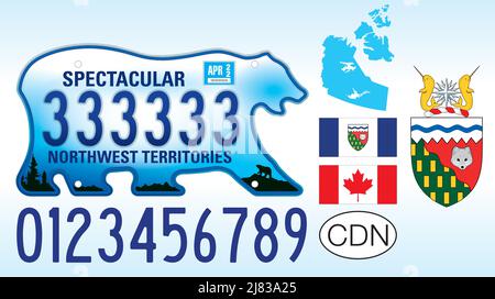 Plaque d'immatriculation des territoires du Nord-Ouest, Canada, lettres, chiffres et symboles, illustration vectorielle Illustration de Vecteur