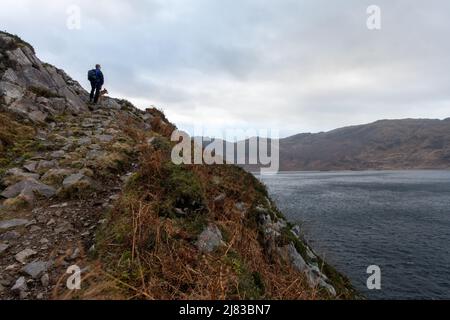 Paysages du Royaume-Uni: Personne marchant un chien allongisde Loch Morar près de Mallaig en hiver, Scottish Highlands, Écosse, Royaume-Uni Banque D'Images