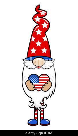 Mignon juillet 4th gnome avec coeur USA - dessin main moderne nain illustration. Idéal pour la publicité, l'affiche, l'annonce ou la carte de vœux. Belle g Illustration de Vecteur