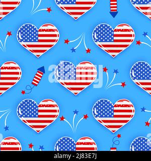 USA coeurs et feux d'artifice motif en couleurs USA - dessin drôle sans couture motif. Papier peint, papier d'emballage. Bonne journée de l'indépendance. Rouge, blanc Illustration de Vecteur