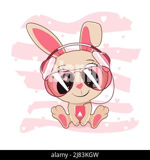 Joli lapin en forme de dessin animé, assis dans des lunettes de soleil et des écouteurs, pour écouter de la musique. Illustration de Vecteur