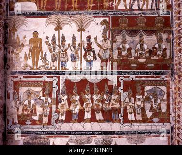 17th peintures murales au plafond dans le temple de Digambar Jain à Tirupparuttikunram, Kanchipuram, Tamil Nadu, Inde, Asie Banque D'Images