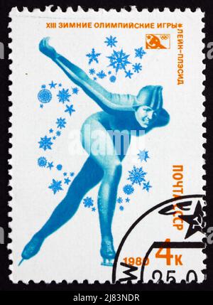 RUSSIE - VERS 1980 : un timbre imprimé en Russie montre Speed Skating, Jeux olympiques d'hiver de 1980, Lake Placid, NY, vers 1980 Banque D'Images