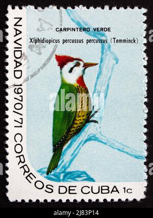 CUBA - VERS 1970 : un timbre imprimé à Cuba montre le pic vert cubain, Xiphidiopicus Percussus Percussus, oiseau, vers 1970 Banque D'Images
