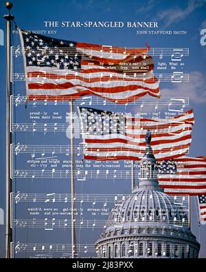 1960S 1970S PARTITIONS DE MUSIQUE POUR BANNIÈRE ÉTOILÉ SUPERPOSÉE SUR LES DRAPEAUX AMÉRICAINS ET LE DÔME DU CAPITOLE À WASHINGTON DC - KH2801 HAR001 HARS PARTITIONS DE MUSIQUE DISTRICT DE COLUMBIA COMPOSITE CHANT EXTÉRIEUR RÉPUBLIQUE PATRIOT CAPITAL CONCEPT DÔME CONCEPTUEL PATRIOTIQUE CHANSONS ÉTOILES ET RAYURES HYMNE ANCIENNE GLOIRE CONCEPTS SYMBOLIQUES DÉMOCRATIE HYMNE NATIONAL PATRIOTISME ROUGE BLANC ET BLEU SEPTEMBRE 14 1814 LE FÉDÉRAL DE DISTRICT FRANCIS SCOTT CLÉ HAR001 REPRÉSENTATION À L'ANCIENNE SUPERPOSÉE Banque D'Images