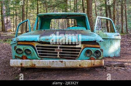 Vieux véhicule rouillé abandonné pourrit dans une belle forêt. Banque D'Images