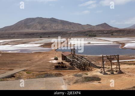 Étangs d'évaporation de sel à la mine de sel Pedra de Lume, île de Sal, îles du Cap-Vert, Cabo Verde, Afrique Banque D'Images