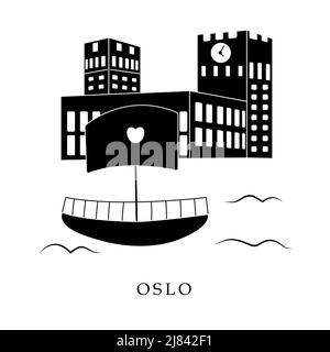 Capitale européenne, Oslo. Illustration en noir et blanc Illustration de Vecteur