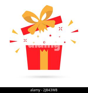 Boîte cadeau et confettis rouges. Fête spéciale de style plat, fête d'anniversaire, illustration vectorielle isolée. Illustration de Vecteur