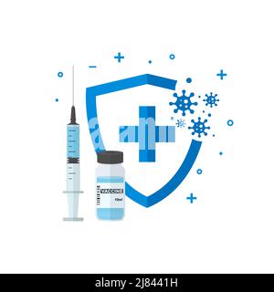 Seringue, flacon de vaccin et écran. Protection contre les virus, concept de vaccination. Illustration vectorielle. Illustration de Vecteur