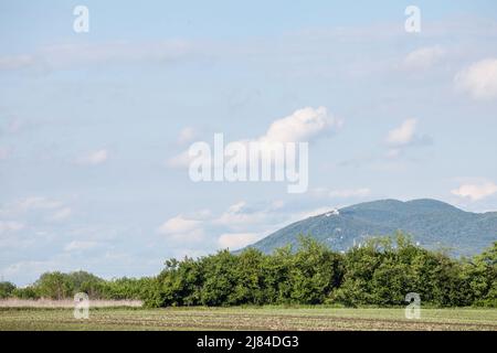 Photo du Vrsacki Breg vu de loin avec le château de vrsacka kula et vrsacki zamak. Les montagnes de Vrsac, également connues sous le nom de colline de Vršac, sont situées Banque D'Images