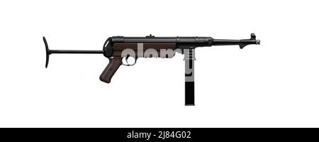 Fusil de sous-machine allemand vintage MP 40. Armes de la Seconde Guerre mondiale. Isoler sur un fond blanc. Banque D'Images