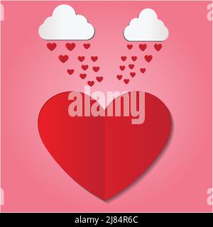 Papier art coeur pluie tombe sur coeur rouge, illustration vectorielle Illustration de Vecteur