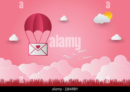 Ballons de Saint-Valentin en forme de cœur survolant l'arrière-plan de la vue de l'herbe, style d'art papier, illustrateur vectoriel Illustration de Vecteur