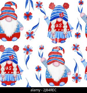 Aquarelle frontière sans couture dessinée à la main avec 4th de juillet gnomes fond, quatrième de juillet l'imprimé patriotique jour de l'indépendance, rouge bleu blanc ballons cadeaux, décoration de fête d'été, étoiles et rayures Banque D'Images