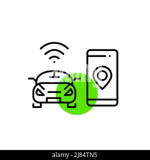 Icône de voiture auto-pilotante intelligente.Smartphone avec pointeur de carte et voiture avec connexion et contrôle sans fil.Pixel Perfect, icône colorée de contour modifiable Illustration de Vecteur