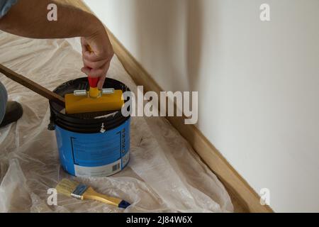 Main d'un peintre mouillant la brosse dans le seau de peinture tout en peignant un mur de maison Banque D'Images