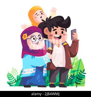 Selfie famille ensemble mari femme et enfants enfants illustration coloré faire appel vidéo caméra téléphone Illustration de Vecteur