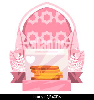 Sadaqah ou zakat dans l'Islam concept de donner symboliser dans la pièce de monnaie empilée avec le modèle islamique porte derrière Illustration de Vecteur