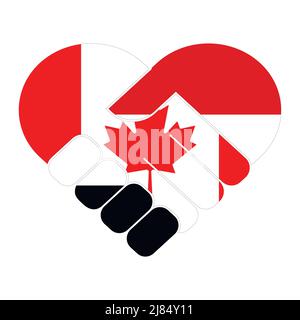 Symbole de poignée de main aux couleurs des drapeaux nationaux du Canada et du Yémen, formant un coeur. Illustration de Vecteur