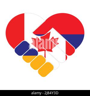 Symbole de poignée de main aux couleurs des drapeaux nationaux du Canada et de l'Arménie, formant un coeur. Illustration de Vecteur