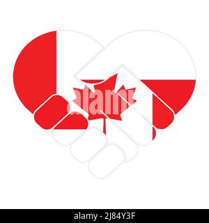 Symbole de poignée de main aux couleurs des drapeaux nationaux du Canada et du Bélarus, formant un coeur. Illustration de Vecteur