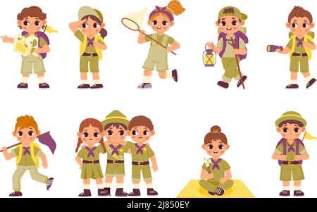 Les enfants dans le camp de scout. Les garçons et les filles de dessin animé en vêtements de scout font un feu et construisent une tente dans le camp d'été. Ensemble vectoriel isolé Illustration de Vecteur